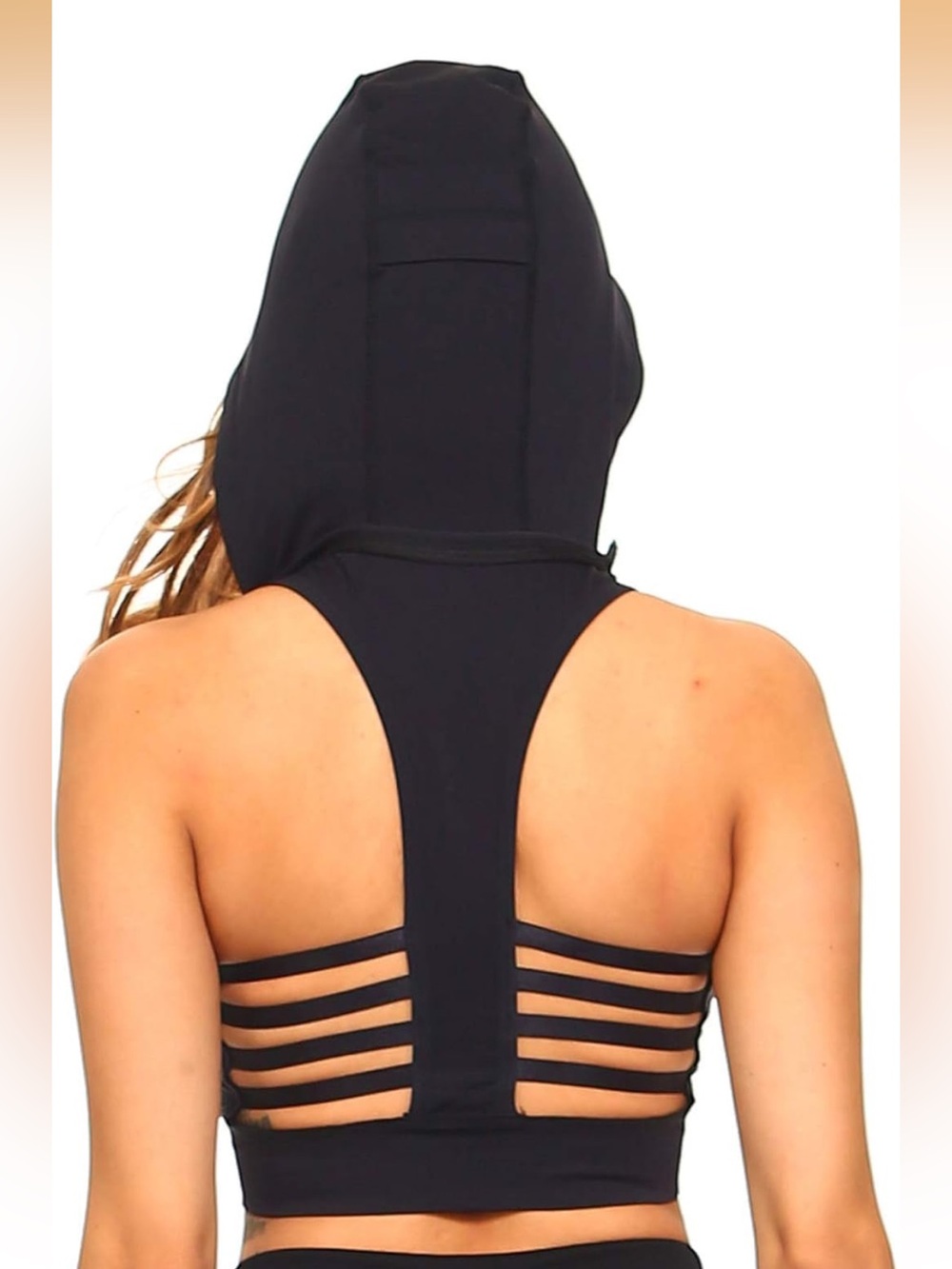 Women’s Black Removeable Hooded Sports Bra with Strappy Back